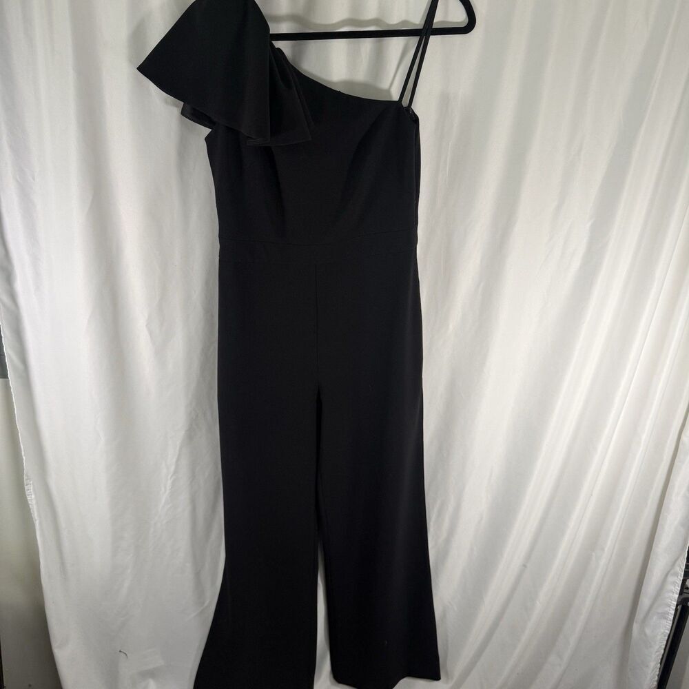Eliza J One Shoulder Jumpsuit Women's 8 Black Pockets Zip Up Ruffle Trim